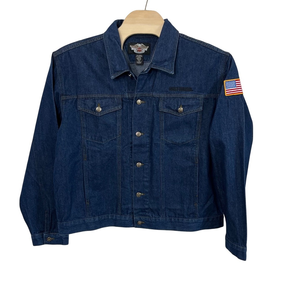 Harley Davidson Denim Trucker Jacket Mens XL Blue American Flag Patch